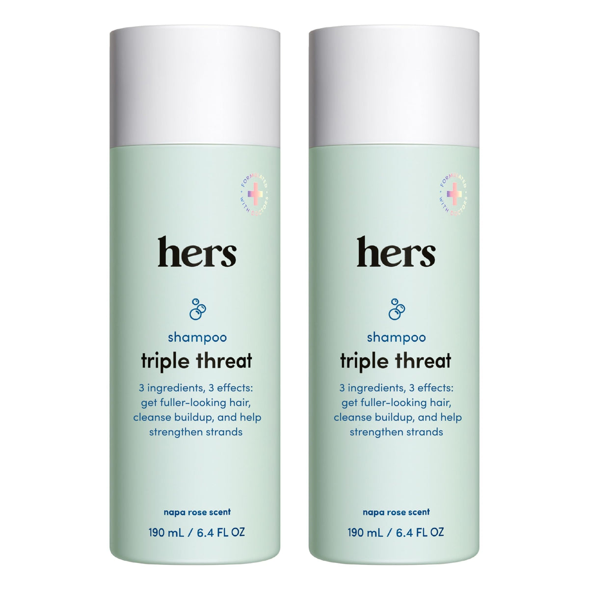 Hims & Hers Triple Threat Shampoo bottle close-up, biotin-enhanced formula for fuller hair.