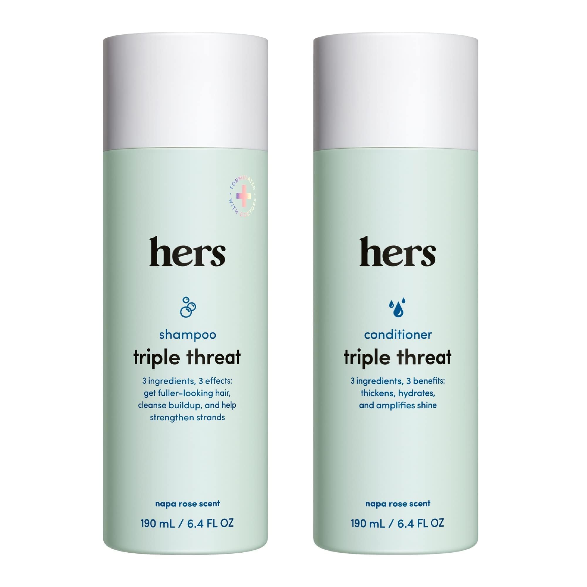 Hers Triple Threat Shampoo bottle highlights biotin blend for fuller, healthier-looking hair.