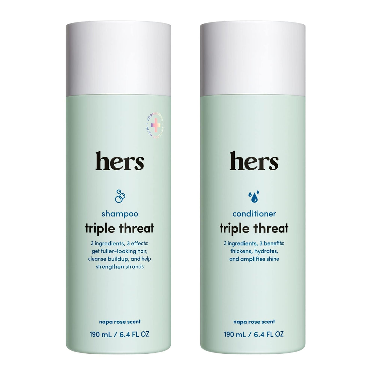 Hers Triple Threat Shampoo bottle highlights biotin blend for fuller, healthier-looking hair.