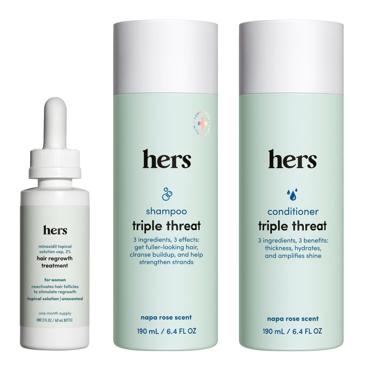 hers triple threat shampoo bottle highlighting color-safe formula for daily cleansing