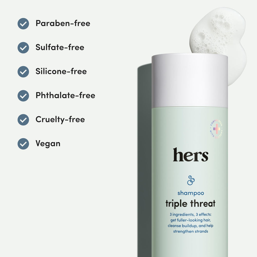 Hims & Hers Triple Threat Shampoo color-safe label on bottle.