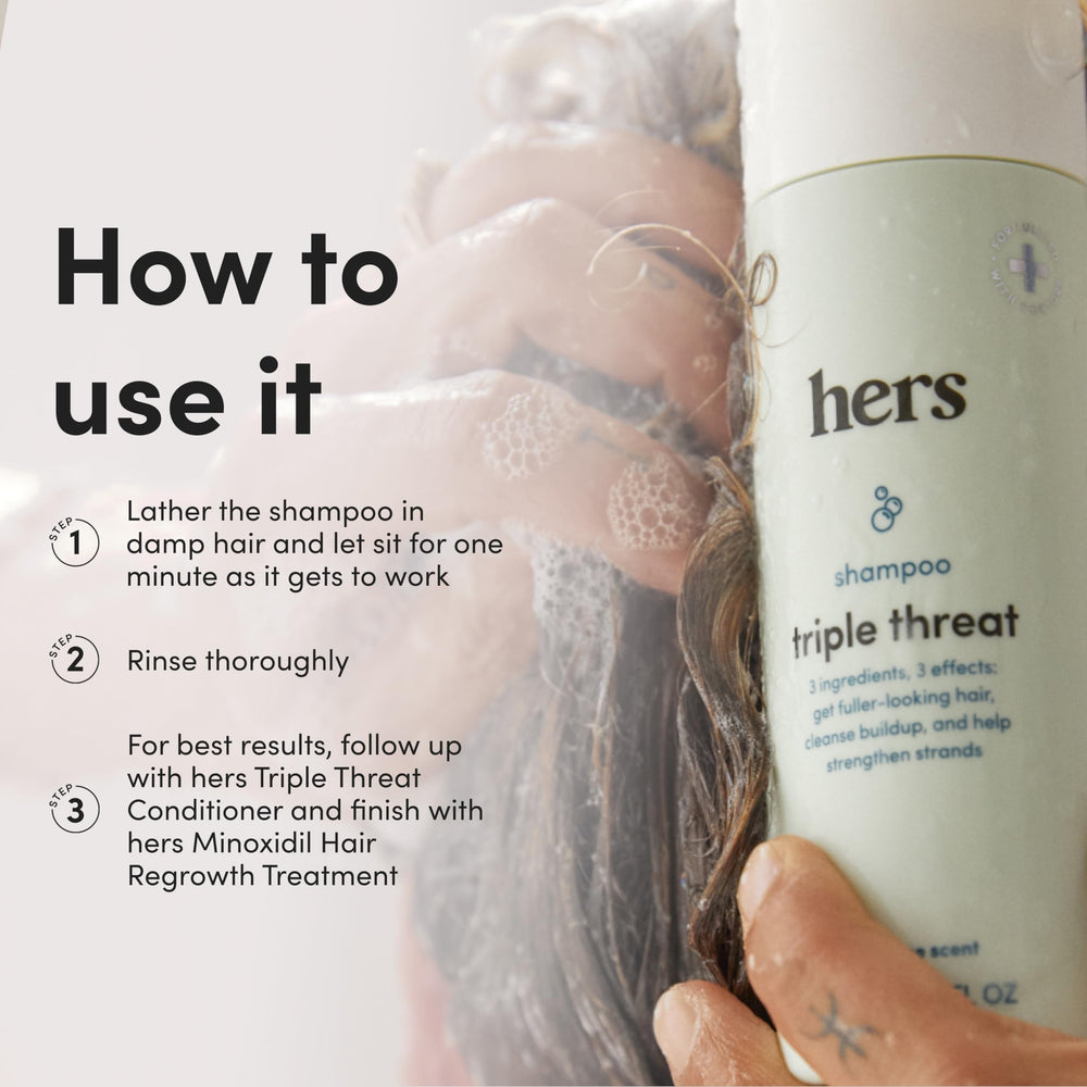 Hims & Hers Triple Threat Shampoo Napa Rose scent on bottle.