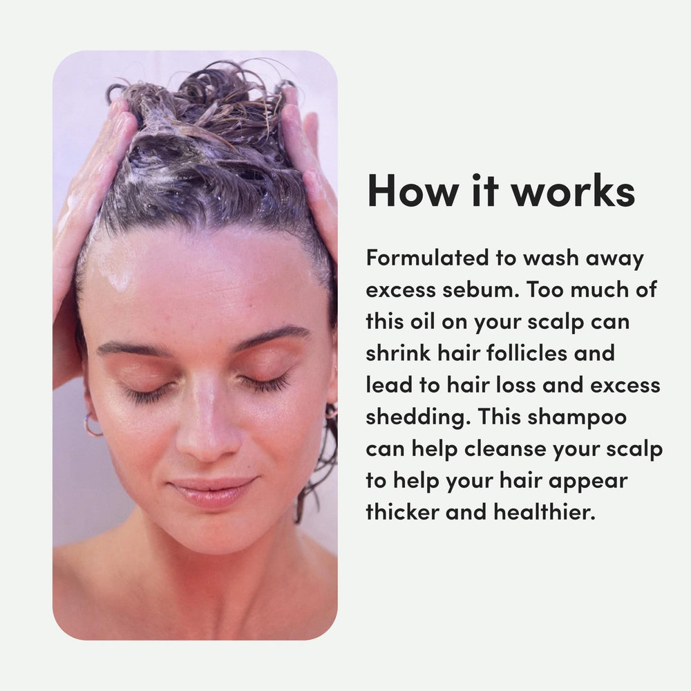 Hims & Hers Triple Threat Shampoo with saw palmetto, promoting scalp support.