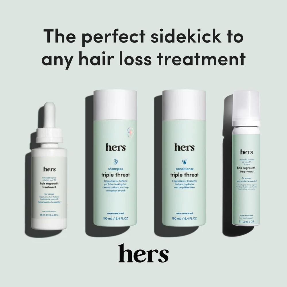 Hims & Hers Triple Threat Shampoo two-pack packaging on display.
