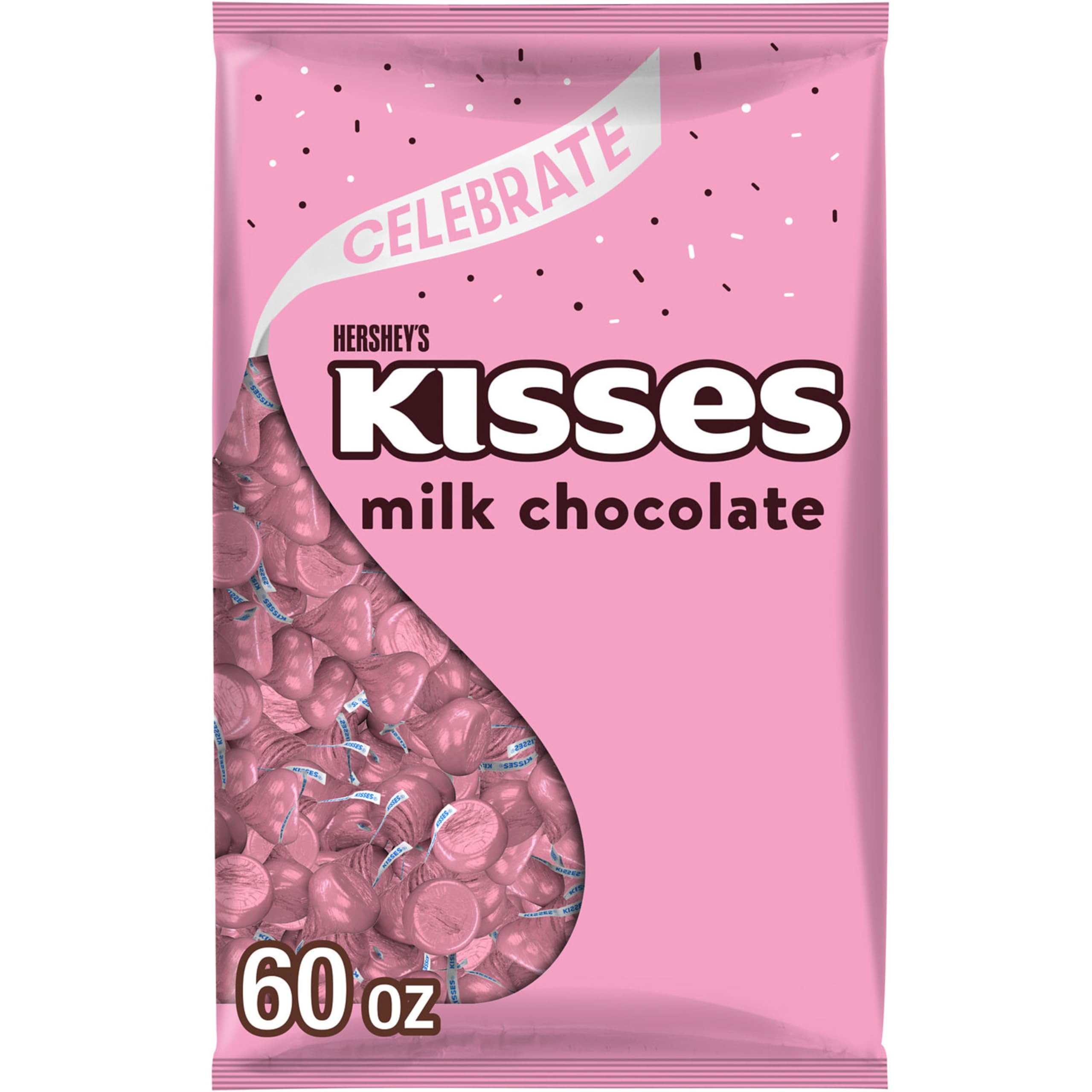 Hershey's KISSES milk chocolate bulk bag in pink foils, ideal for party favors.