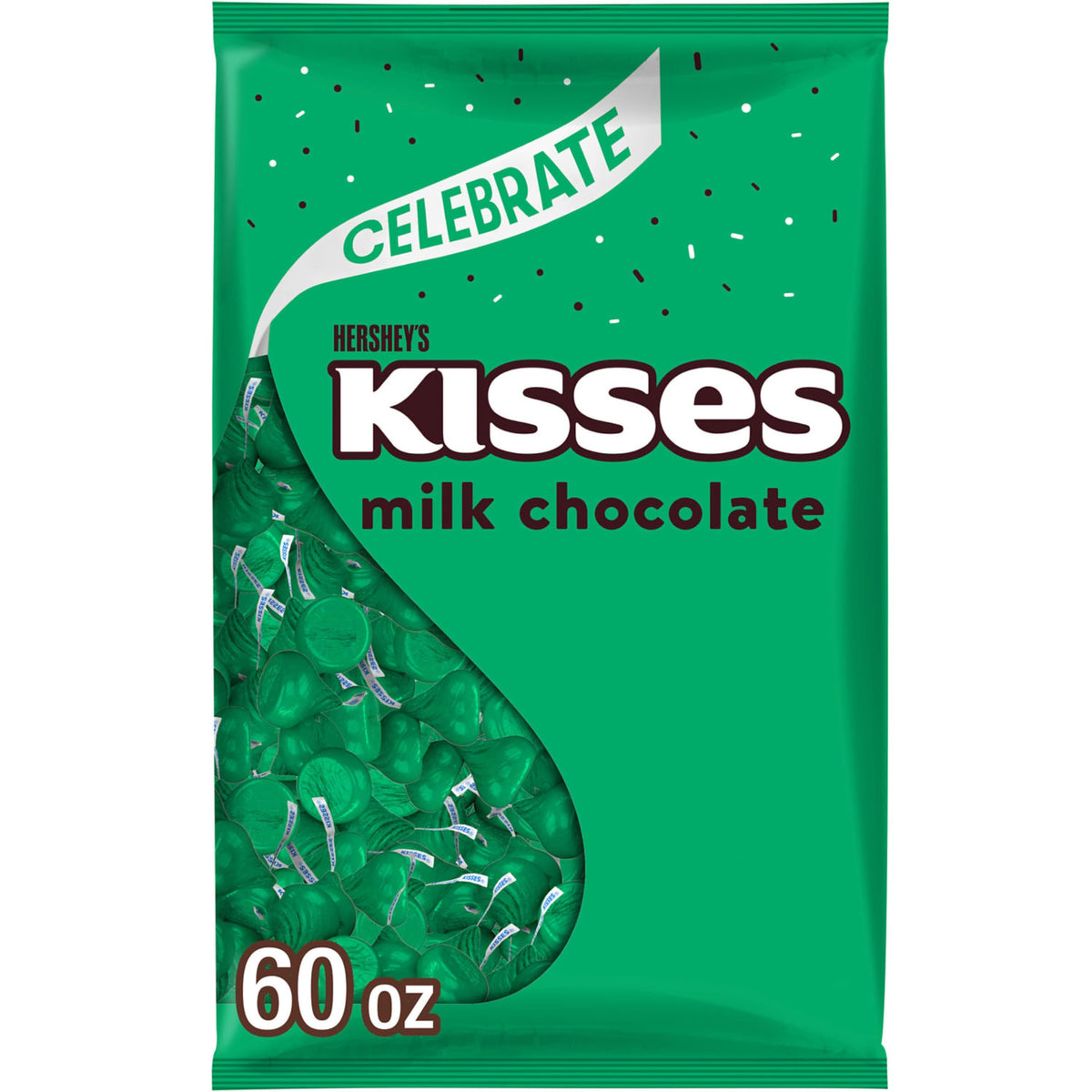 Hershey's Kisses milk chocolate bulk bag in green foil wrappers for gifting.