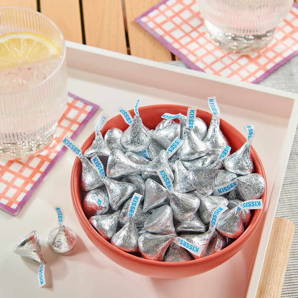 Hershey's Kisses display ideas for countertops and snack bowls.