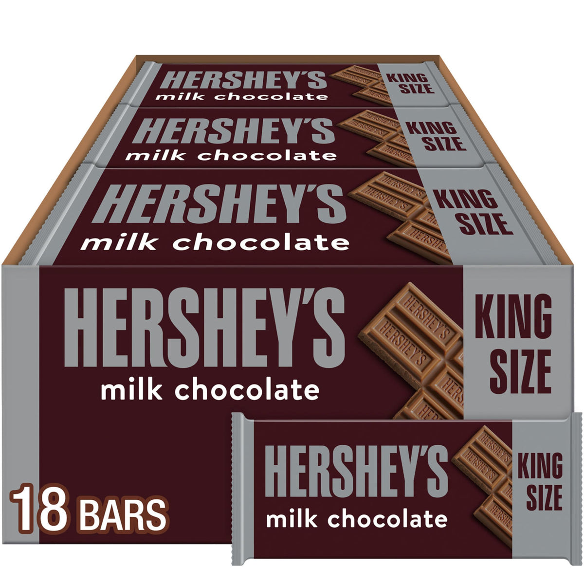 HERSHEY'S Milk Chocolate king-size bulk box with 18 bars for sharing.