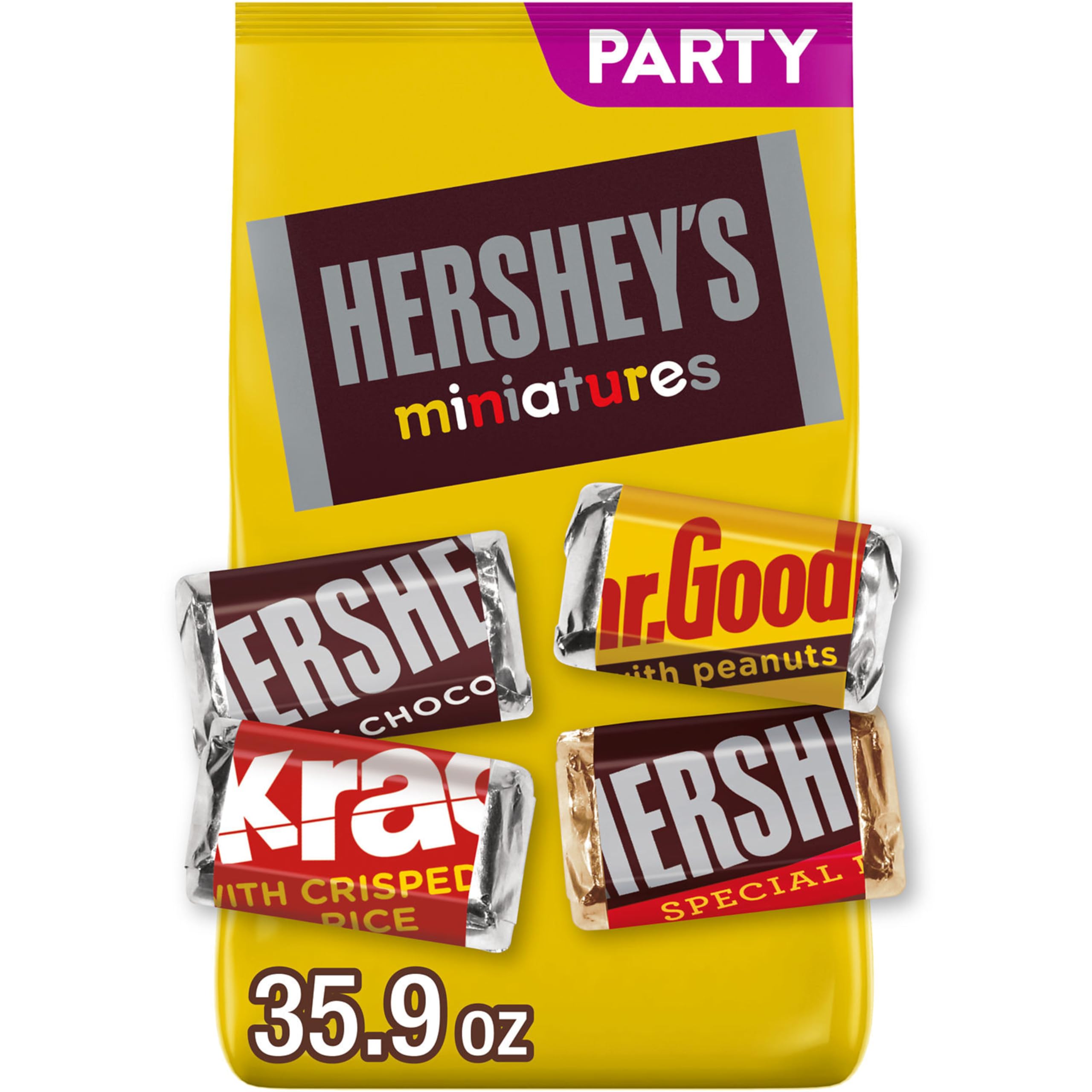HERSHEY'S Miniatures assorted chocolate candy, package front, ideal for parties, snack bowls, and office candy dishes.