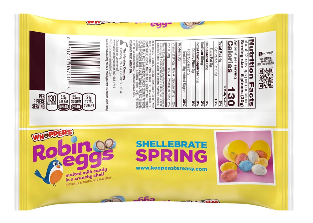 Hershey's Whoppers Robin Eggs reveal a crunchy malt center inside a crisp shell.
