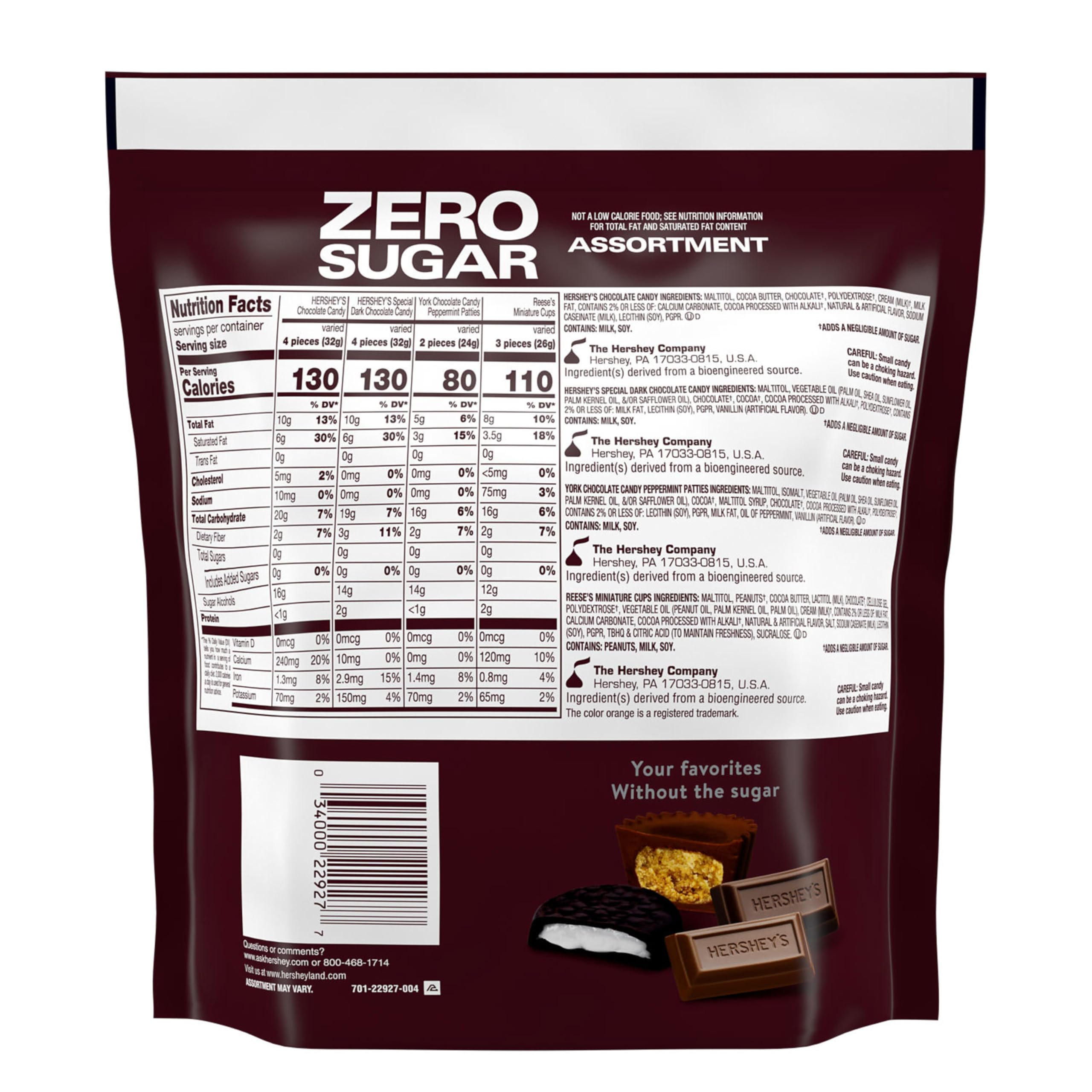 Hershey's zero-sugar variety bag back with packaging details.