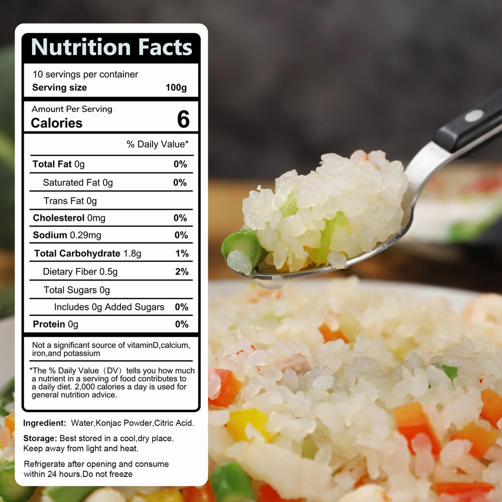 Close-up of Hethstia Shirataki Rice packaging highlighting konjac fiber.