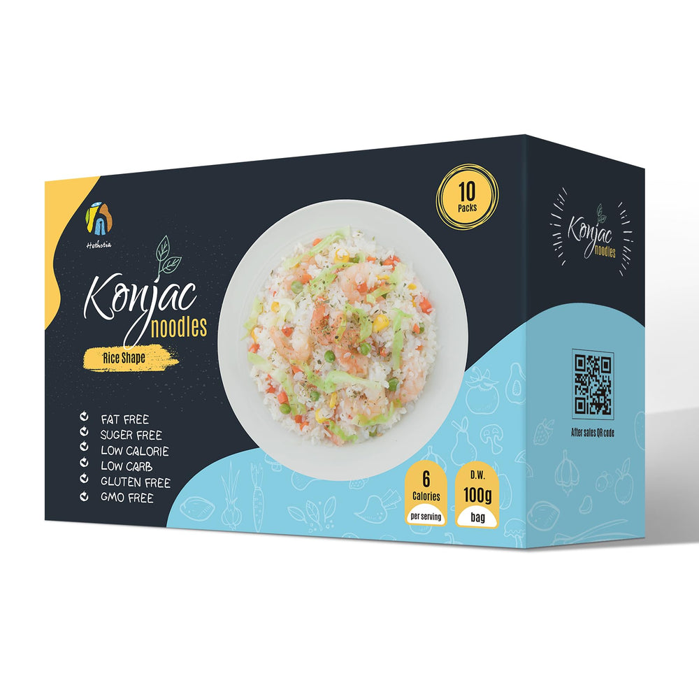 Hethstia Shirataki Rice pack on shelf, gluten-free and low-calorie option.