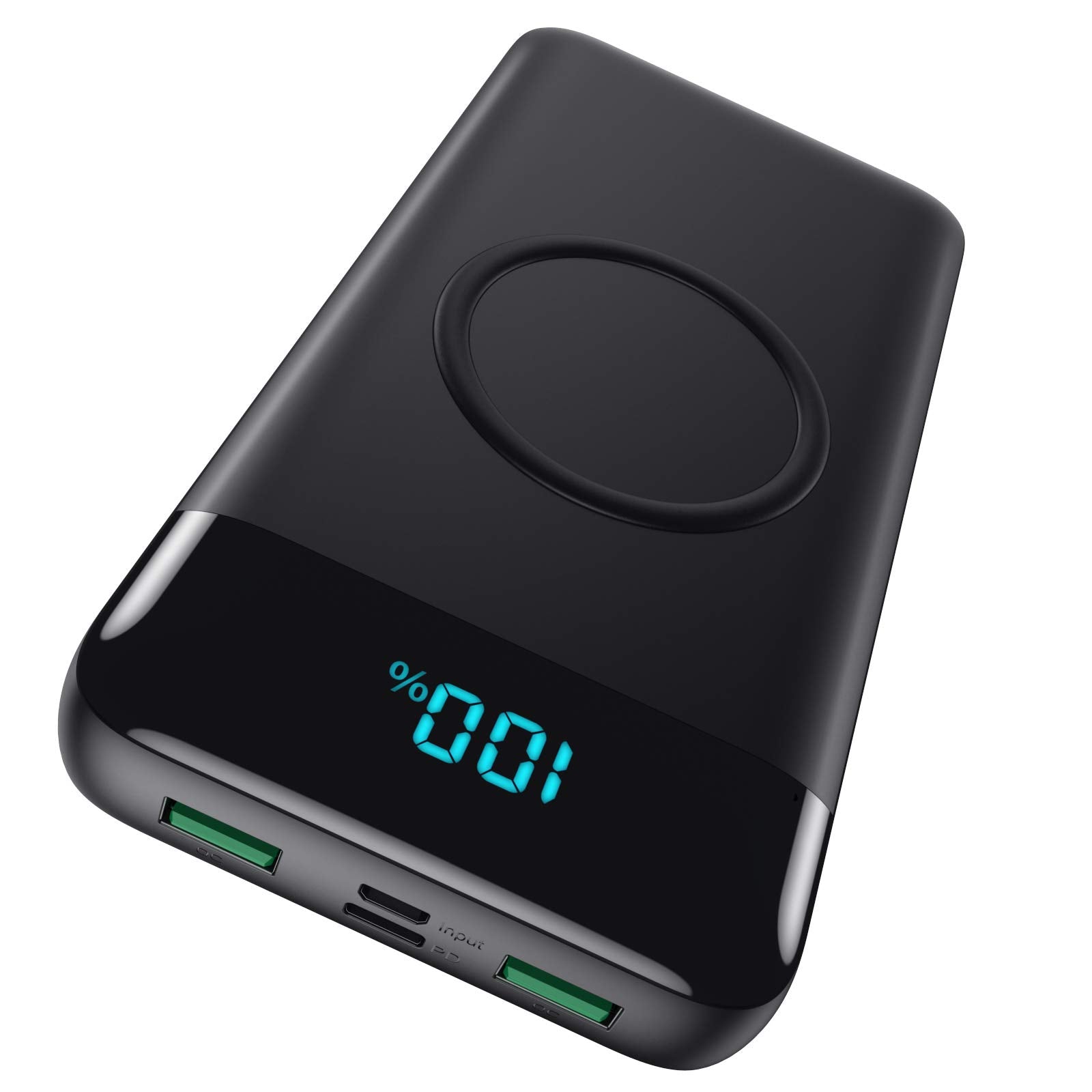 HETP wireless portable charger front view showing 30800mAh capacity for multiple charges.