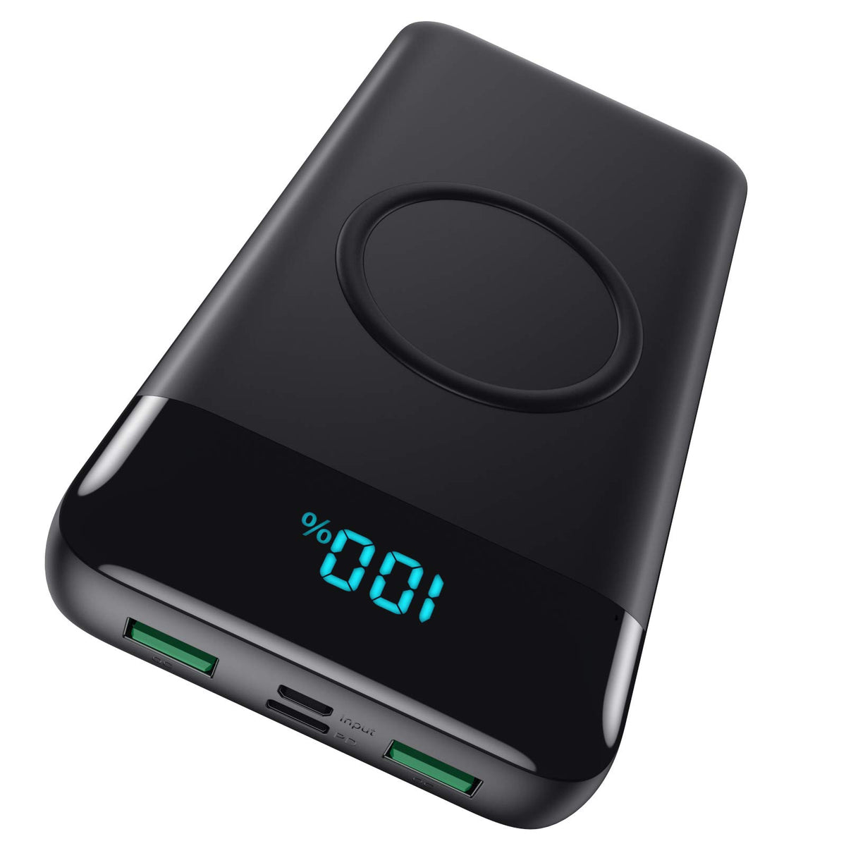 HETP wireless portable charger front view showing 30800mAh capacity for multiple charges.
