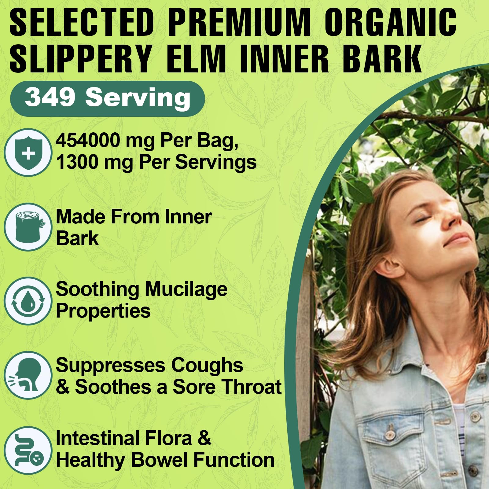 Heucves Slippery Elm Powder label highlights 349 servings and gluten-free quality