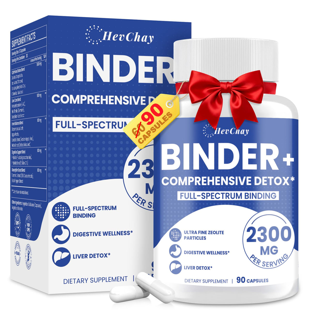 HevChay Detox Binder bottle closeup showing vegan capsules for daily detox support.