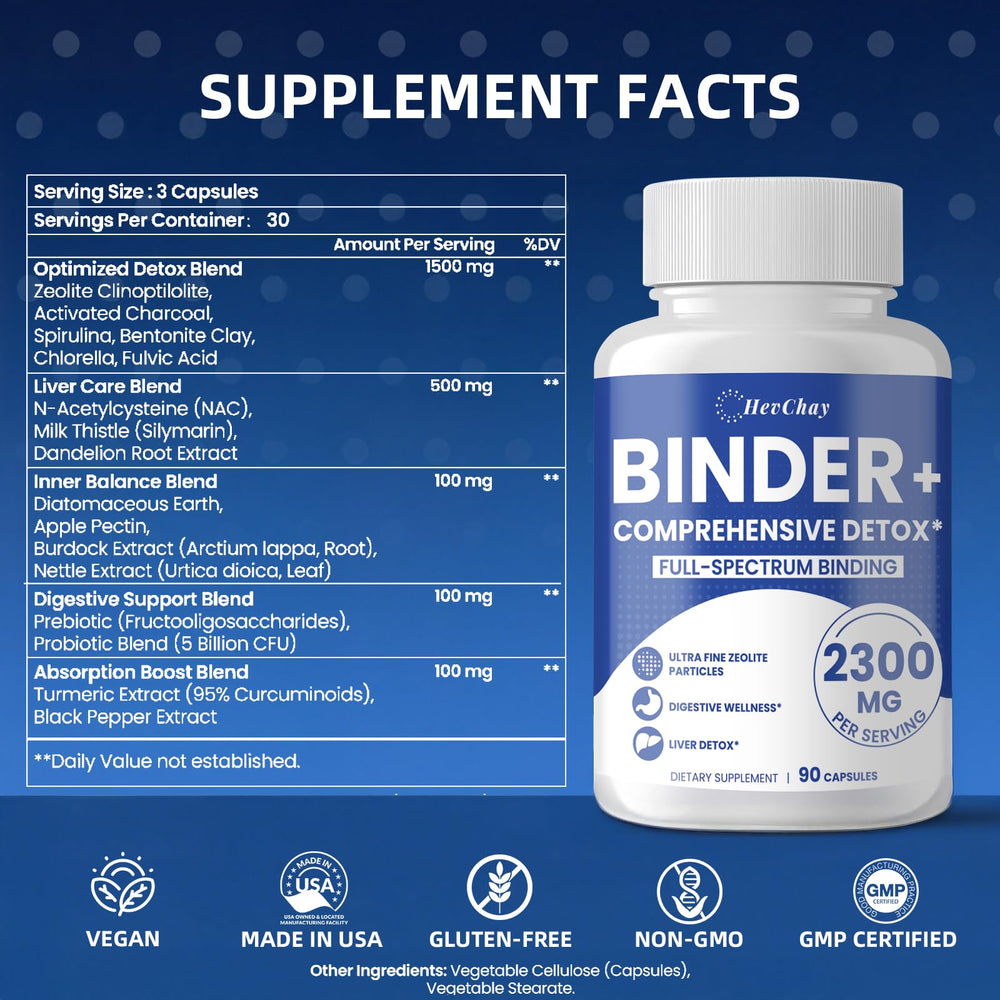 HevChay Detox Binder ingredient scroll highlights 17‑in‑1 formula for comprehensive detox.