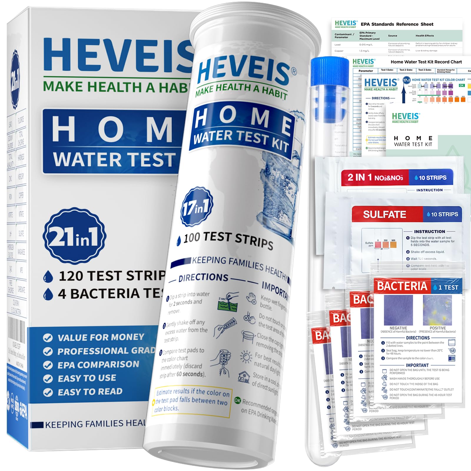 HEVEIS 21in1 water test kit with 120 strips for quick home testing