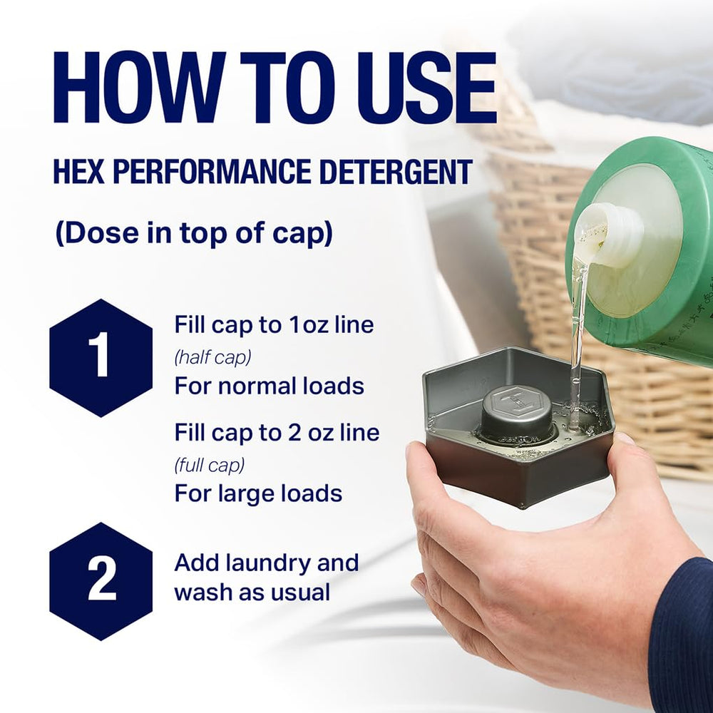 HEX Performance HE-compatible wash tag indicating machine versatility