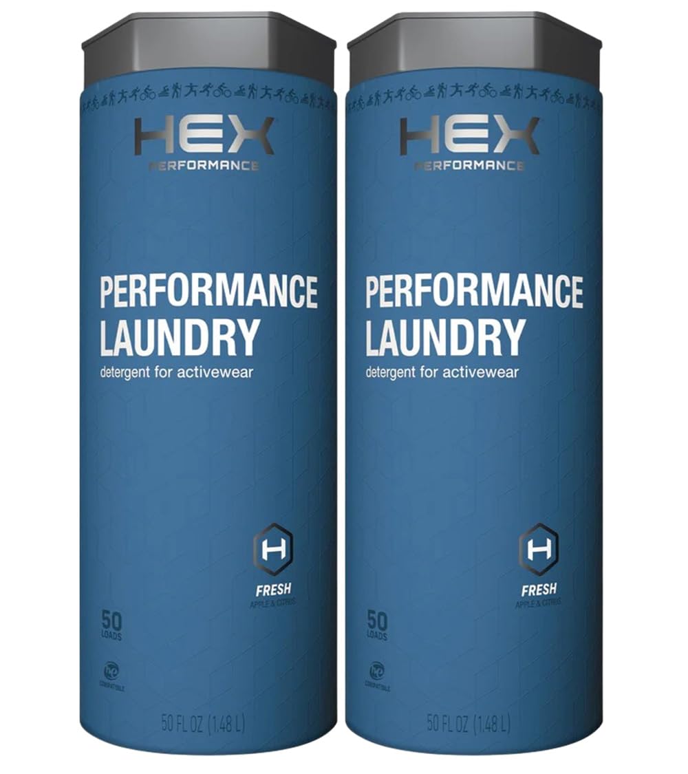 HEX Performance laundry detergent bottle front showing fresh activewear formula