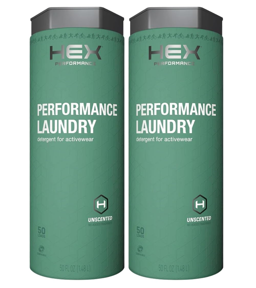 HEX Performance unscented laundry detergent bottle showing eco-friendly activewear care benefits