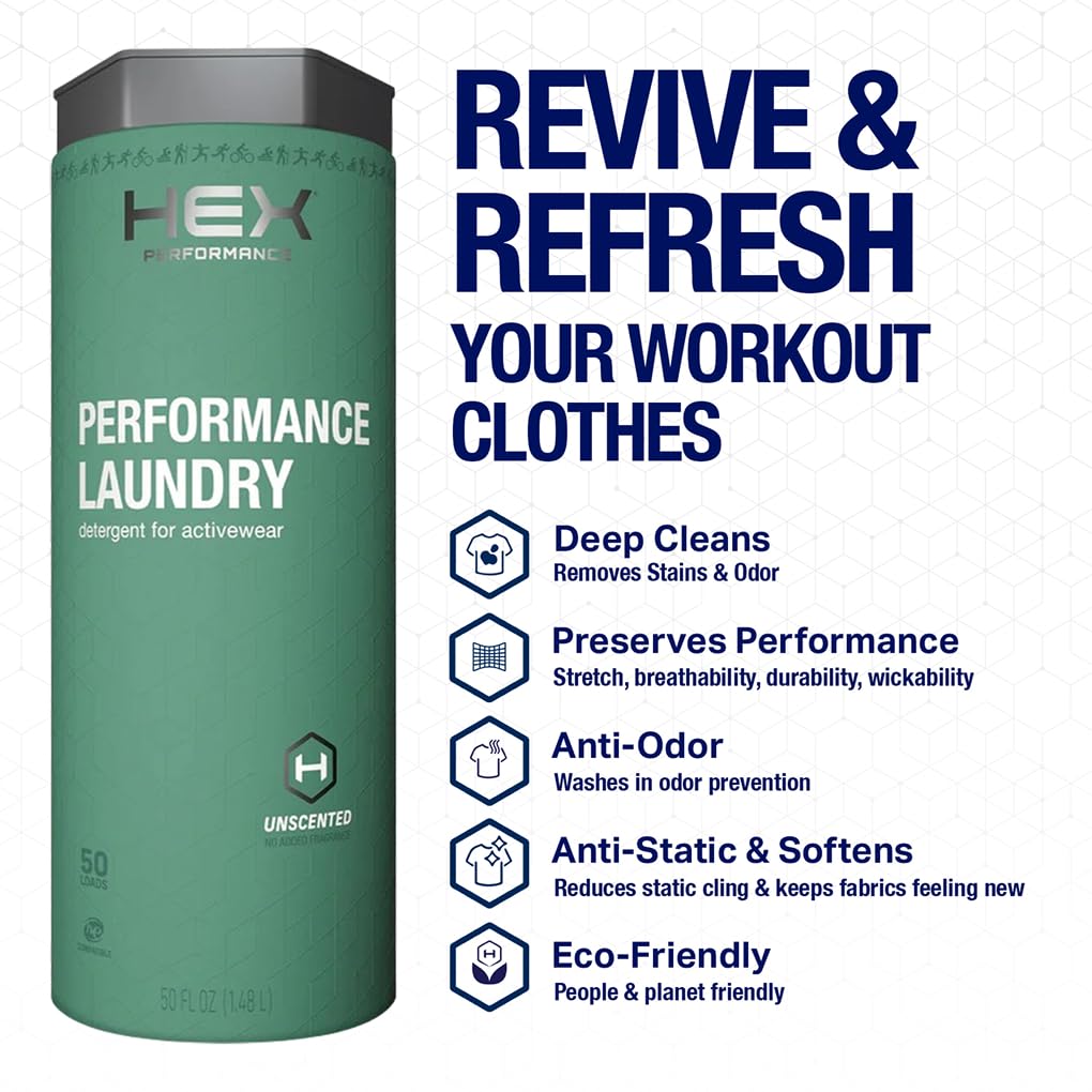 HEX Performance unscented detergent pour demonstrates easy dosing for gym clothes