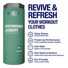 HEX Performance unscented detergent pour demonstrates easy dosing for gym clothes