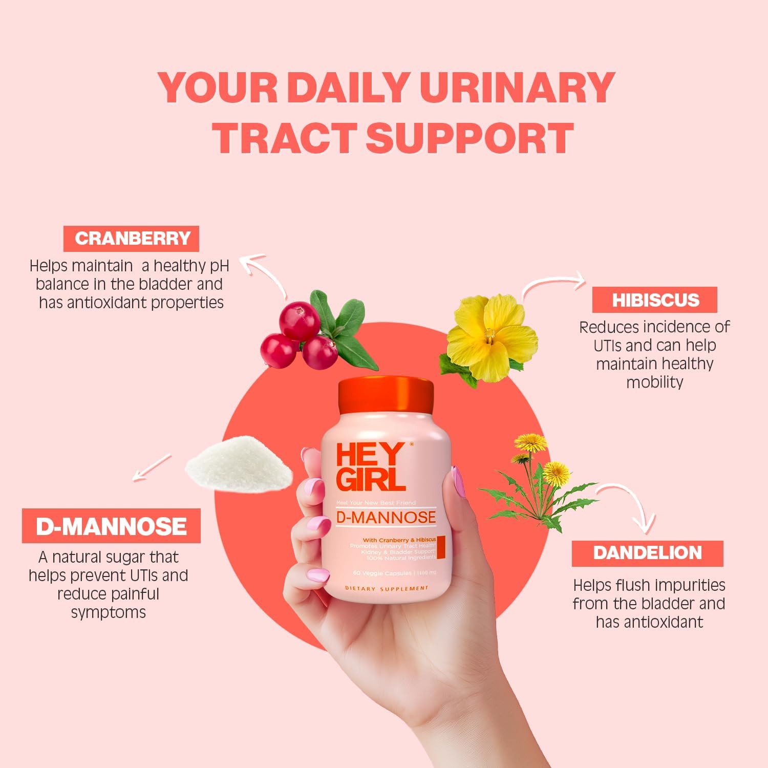Hey Girl Nutrition D-Mannose capsules dandelion extract close-up for kidney support
