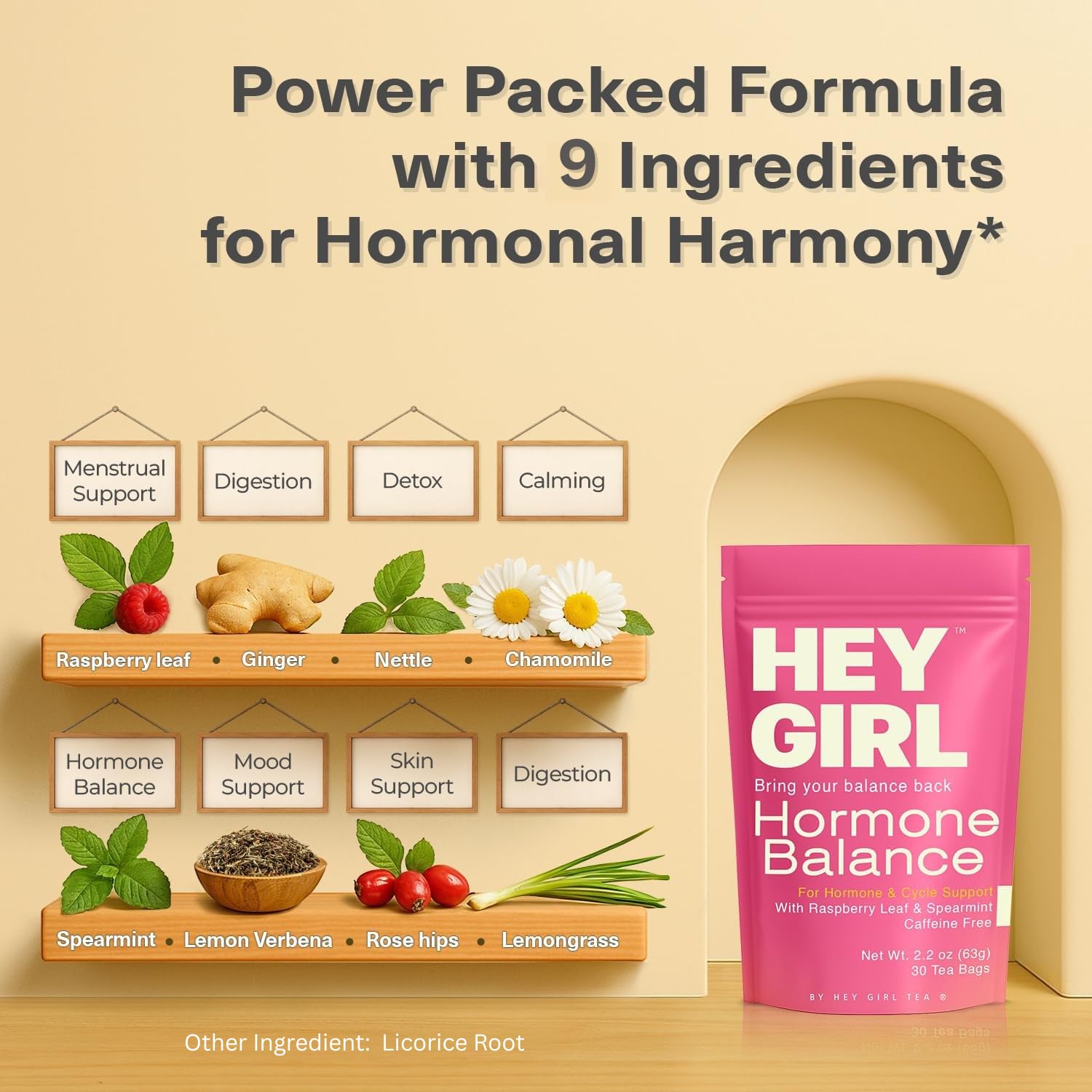 Hey Girl Tea packaging image emphasizes a caffeine-free, eight-herb blend.