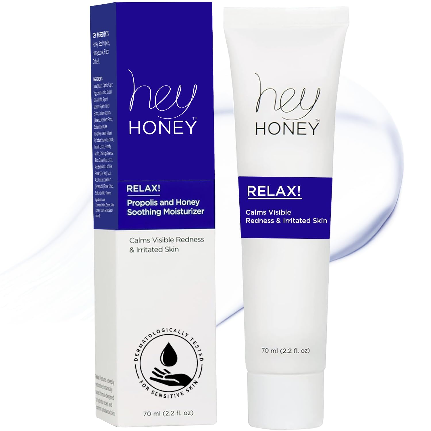 Hey Honey Relax bottle pour shows oil-free, sensitive-skin friendly texture