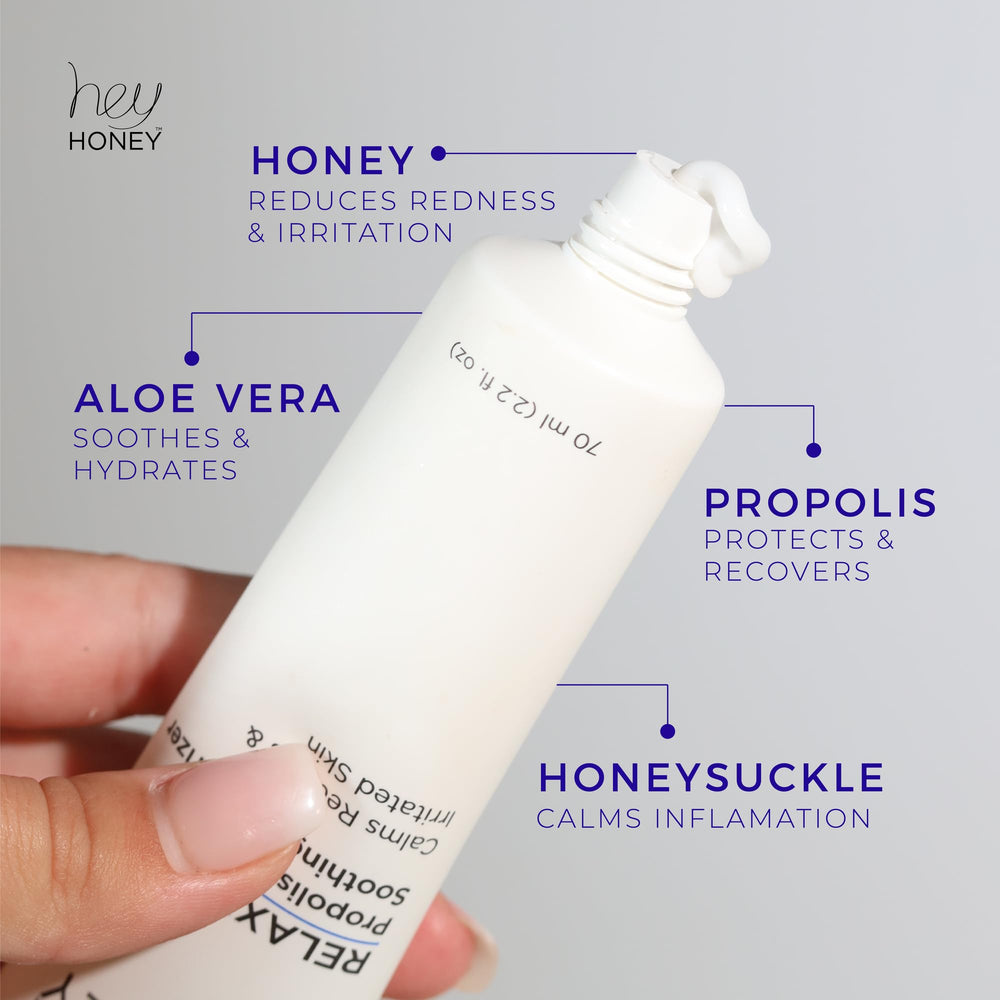 Hey Honey Relax honey and propolis note on label for natural soothing ingredients
