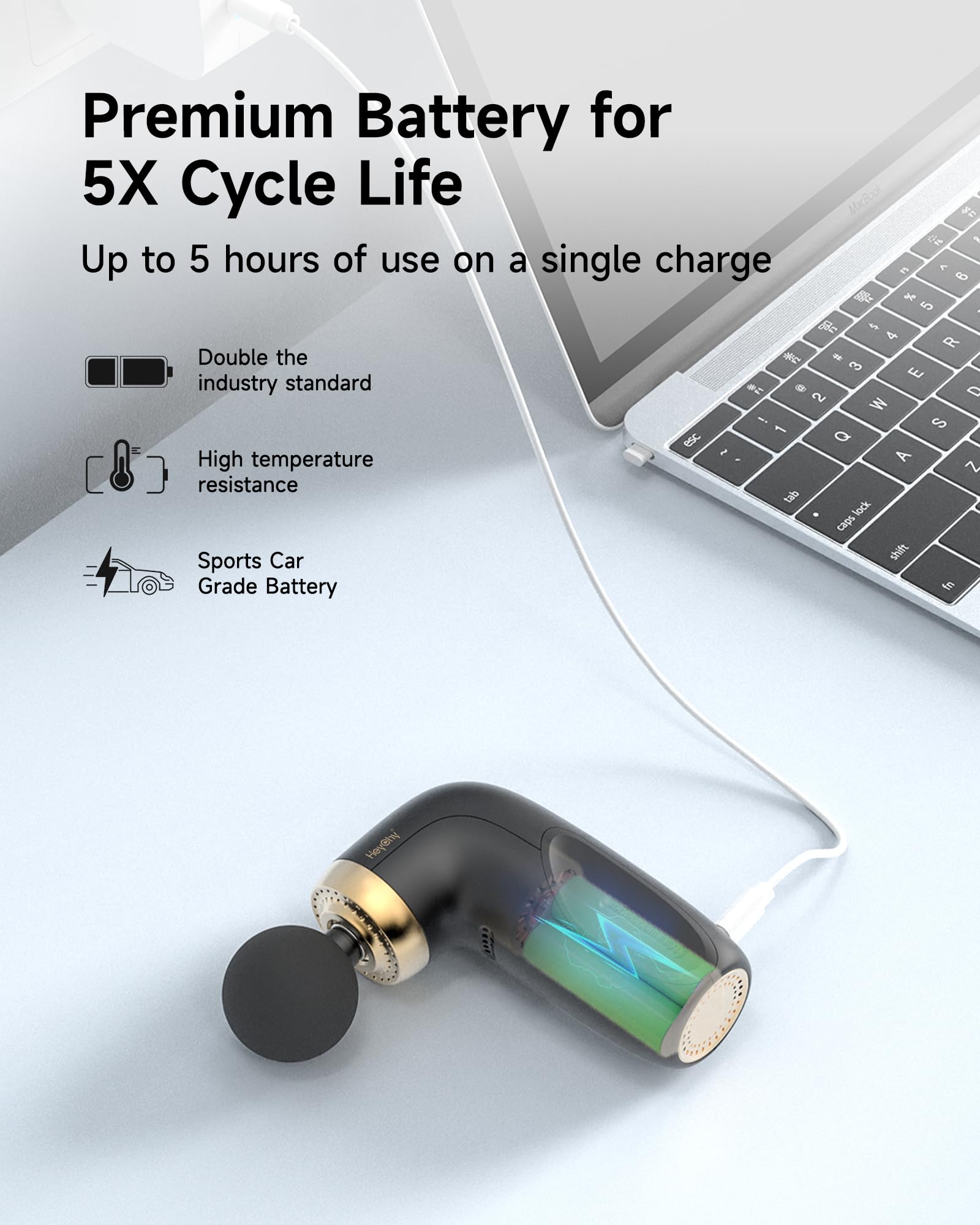 HeyCHY A1 mini massage gun USB charging setup ready for travel days.