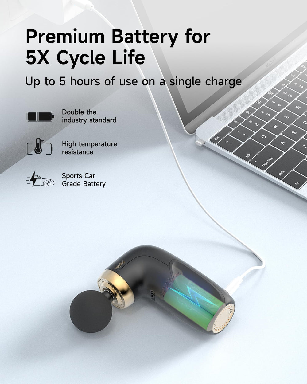 HeyCHY A1 mini massage gun USB charging setup ready for travel days.