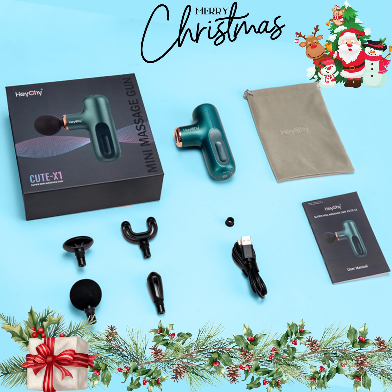 HEYCHY Super Mini Massage Gun includes five speeds and four attachments for customization.