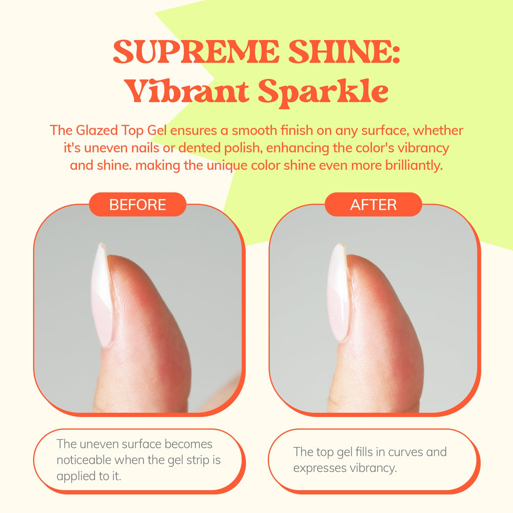 heyhae Glazed Top Gel on nails with a high-gloss finish.
