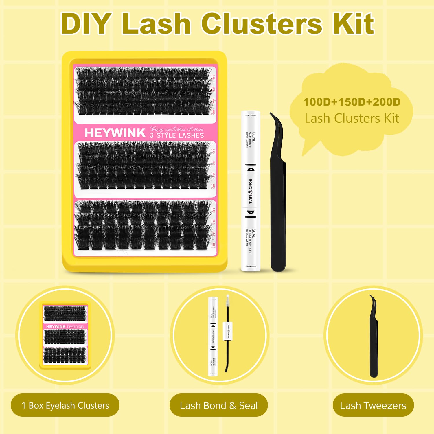 HEYWINK lash clusters kit laid out with precision tweezers for DIY application.