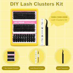 HEYWINK lash clusters kit laid out with precision tweezers for DIY application.