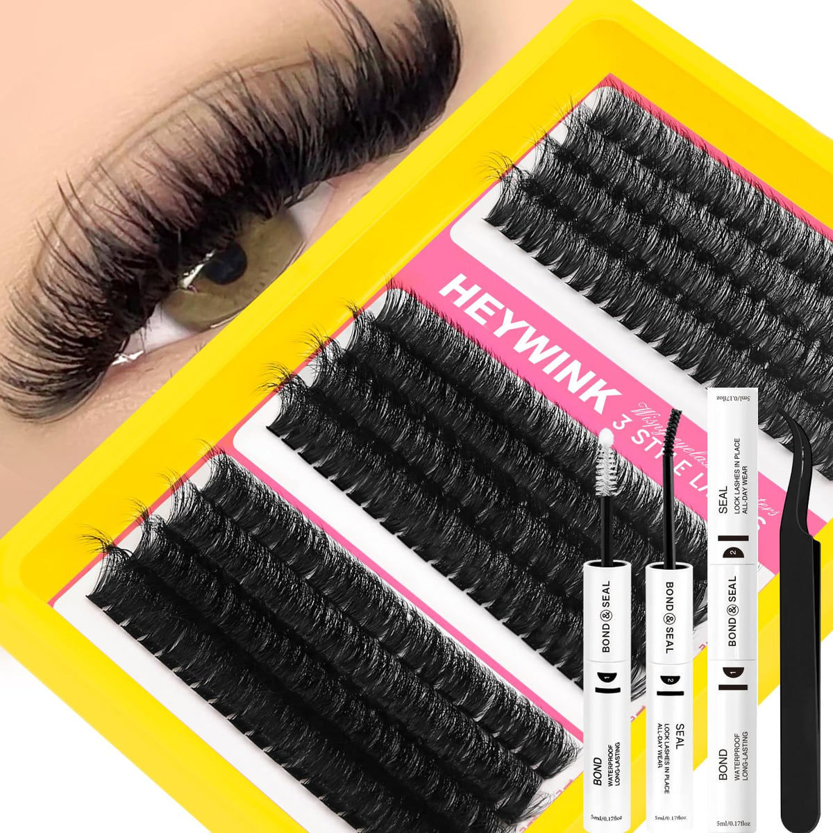 HEYWINK Lash Clusters Kit packaging displays 60D-80D-100D bundles for DIY volume.