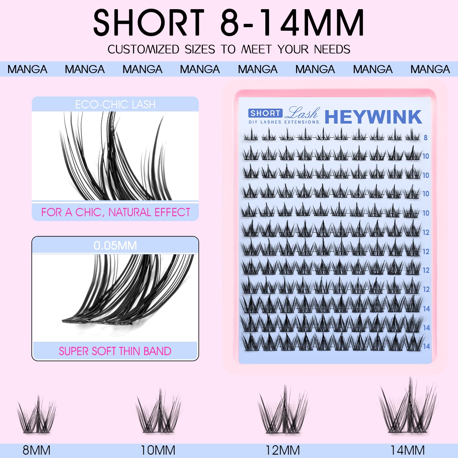 HEYWINK Manga Lash Clusters Kit 8-14mm lashes for versatile doll-eye looks.