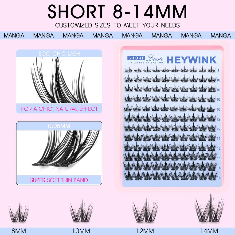 HEYWINK Manga Lash Clusters Kit 8-14mm lashes for versatile doll-eye looks.