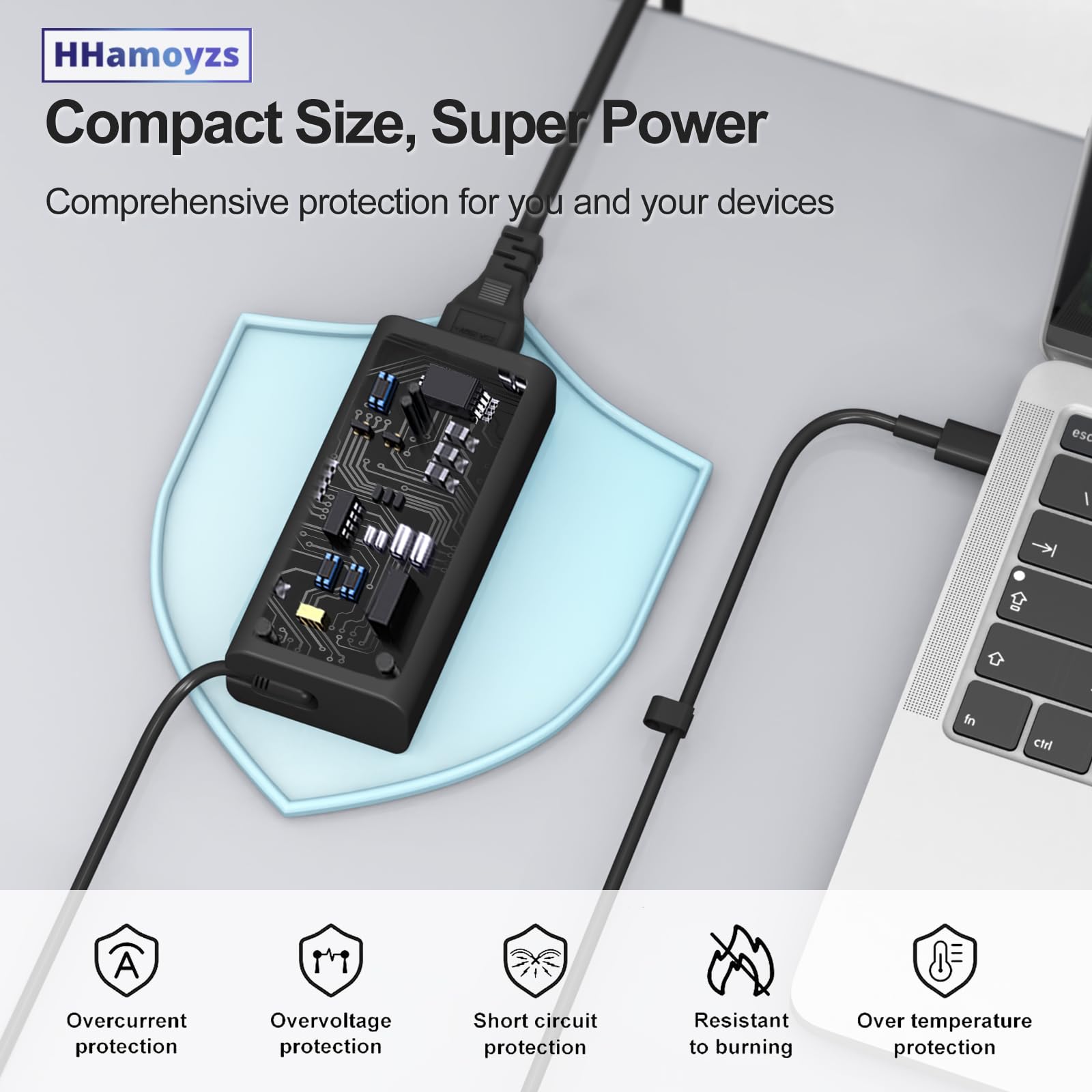 HHamoyzs charger beside a laptop for scale and versatility.