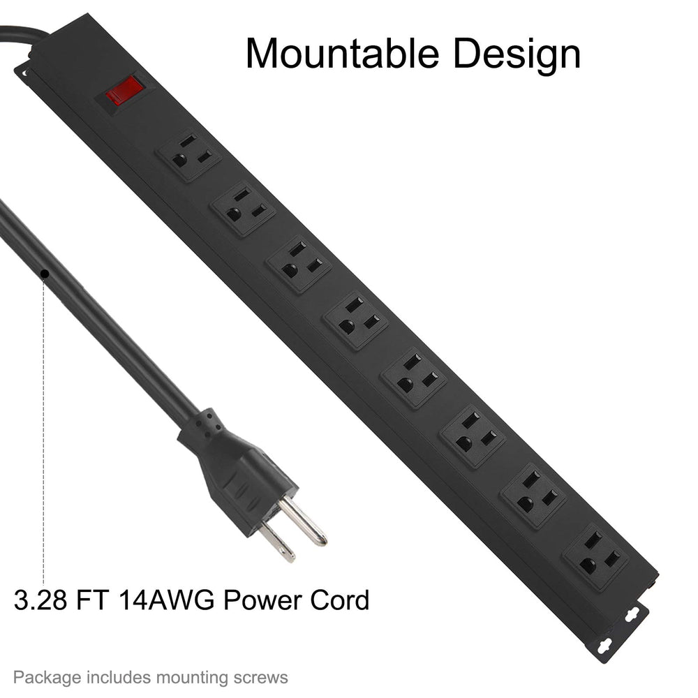 HHSOET surge-protected power strip protecting tools and electronics in a busy workspace.