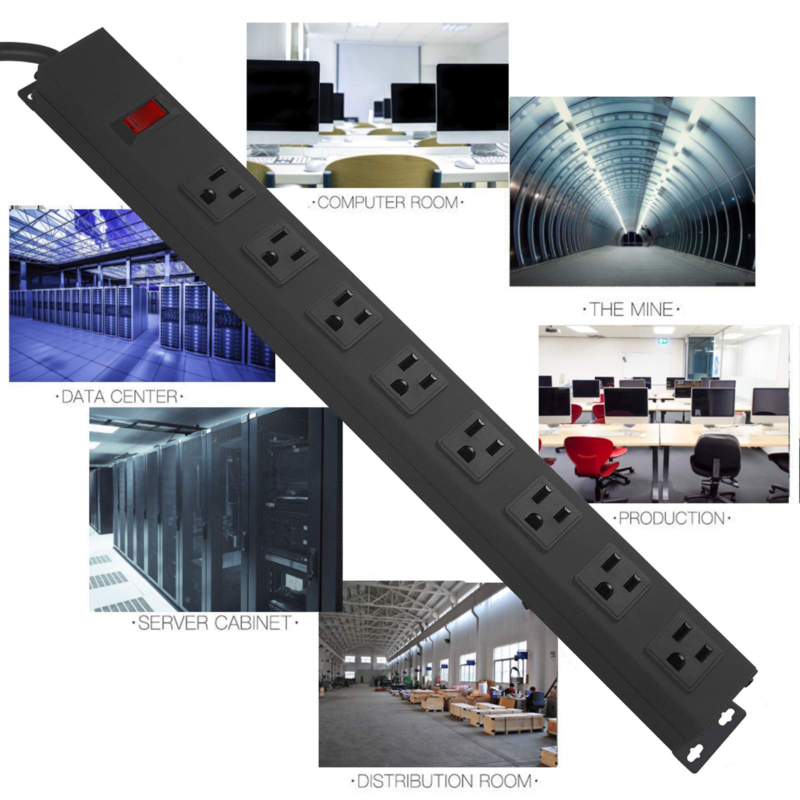 HHSOET heavy-duty outlet strip ideal for wall mounting under desks and stations.