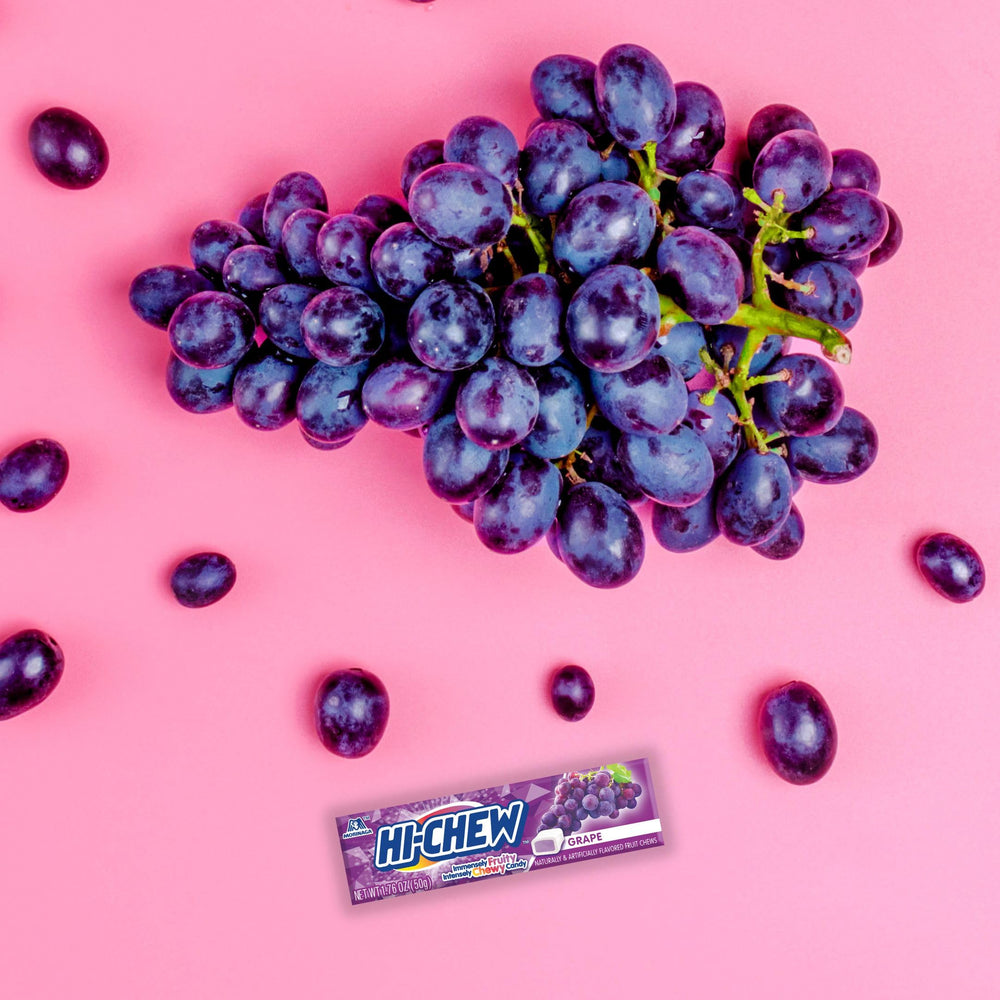 HI-CHEW Grape sticks gluten-free label visible and suitable for gluten-free snacking.