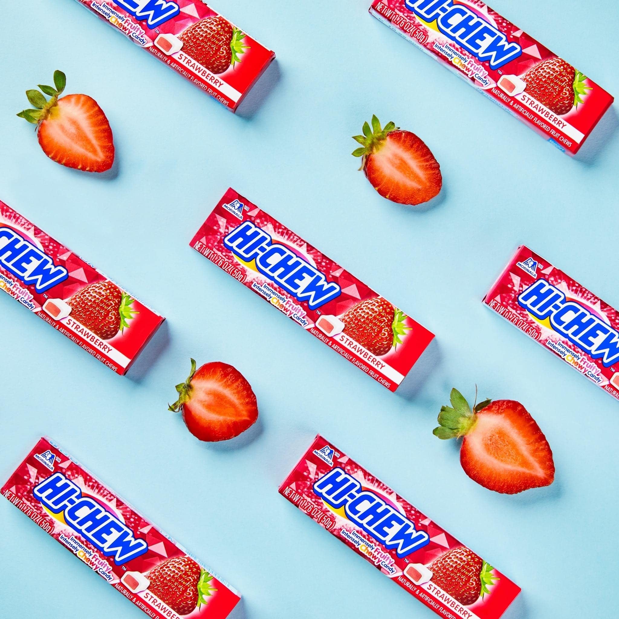 Multi-pack HI-CHEW Strawberry Sticks display, showcasing the fruity snack lineup.