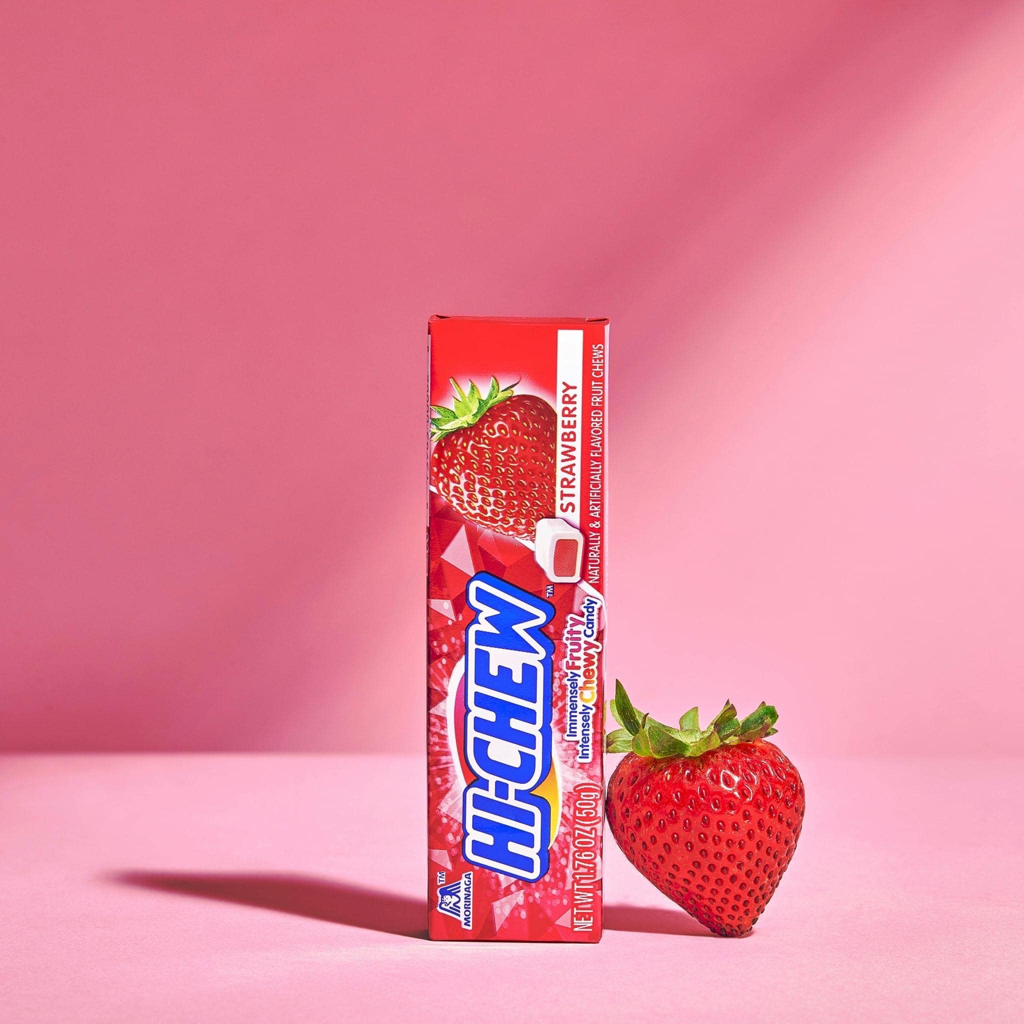 Close-up of HI-CHEW Strawberry Sticks texture and fruity notes.