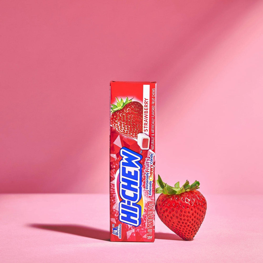 Close-up of HI-CHEW Strawberry Sticks texture and fruity notes.