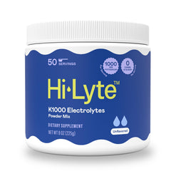 Hi-Lyte K1000 electrolyte powder tub with a neutral unflavored mix for hydration balance.