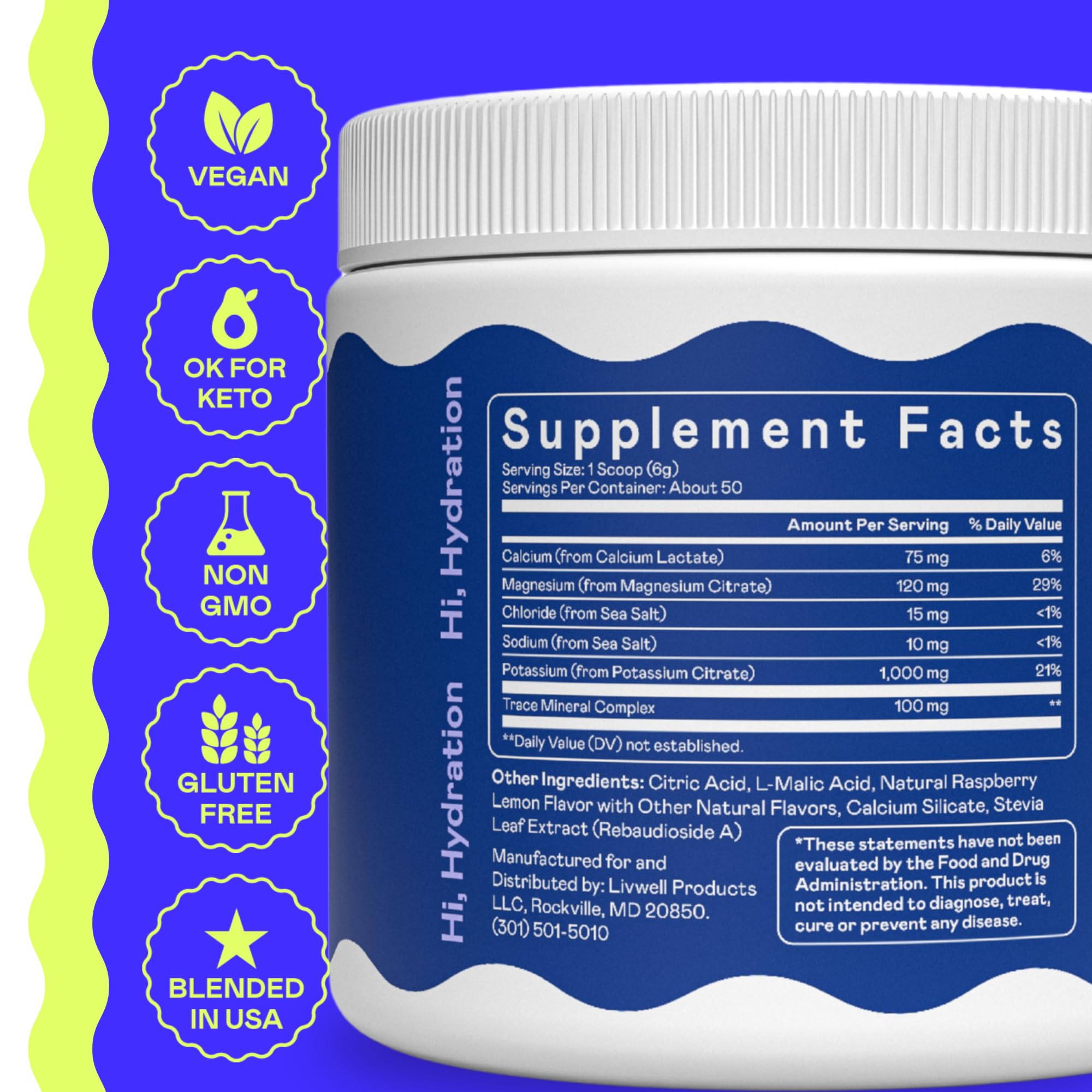 Hi-Lyte Keto K1000 no-sugar label close-up shows clean electrolyte formula.